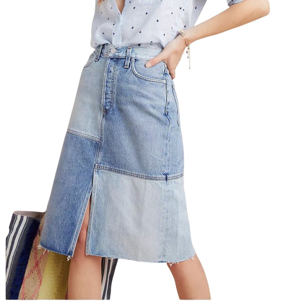 AGOLDE Anthropologie Patchwork Colorblocked Denim Midi Skirt 26